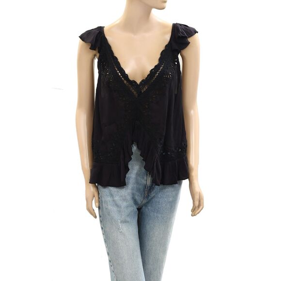 Free People Sensual Cassidy Cutwork Blouse Tank Top Embroidered Black L 283343 - Picture 4 of 8